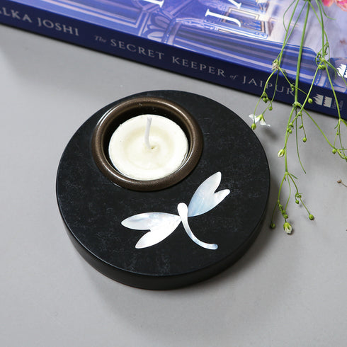 Round Tea Light Holder with Mother of Pearl Inlay